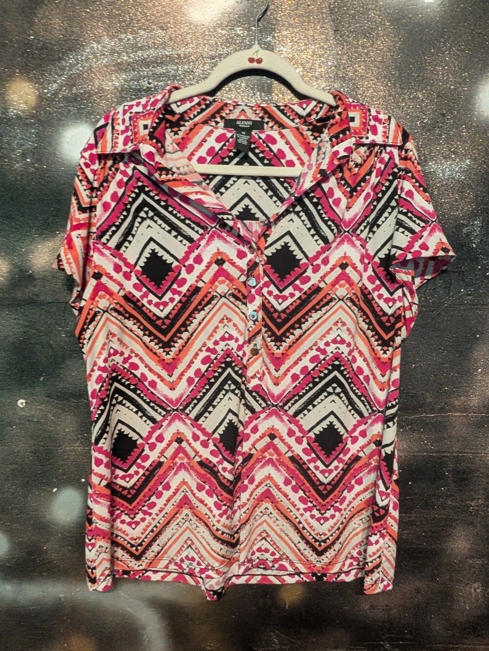 Alfani Pink Black Chevron Print Short-Sleeve Button Front Top